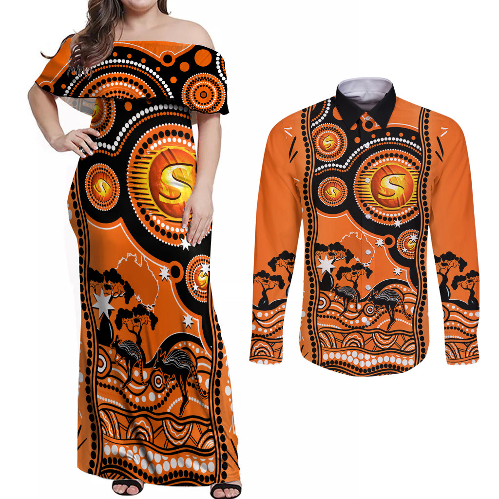 perth-scorchers-cricket-couples-matching-off-shoulder-maxi-dress-and-long-sleeve-button-shirt-happy-australia-day-aboriginal-art