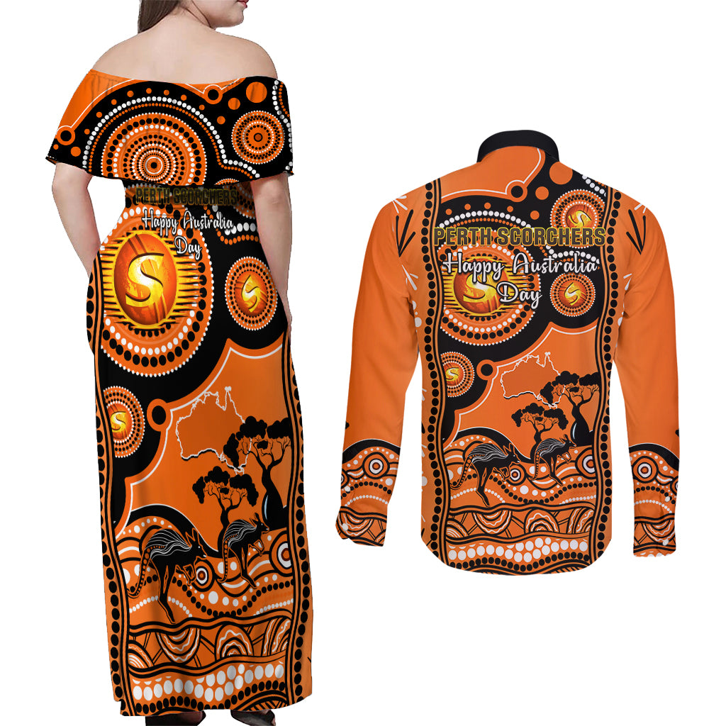 perth-scorchers-cricket-couples-matching-off-shoulder-maxi-dress-and-long-sleeve-button-shirt-happy-australia-day-aboriginal-art