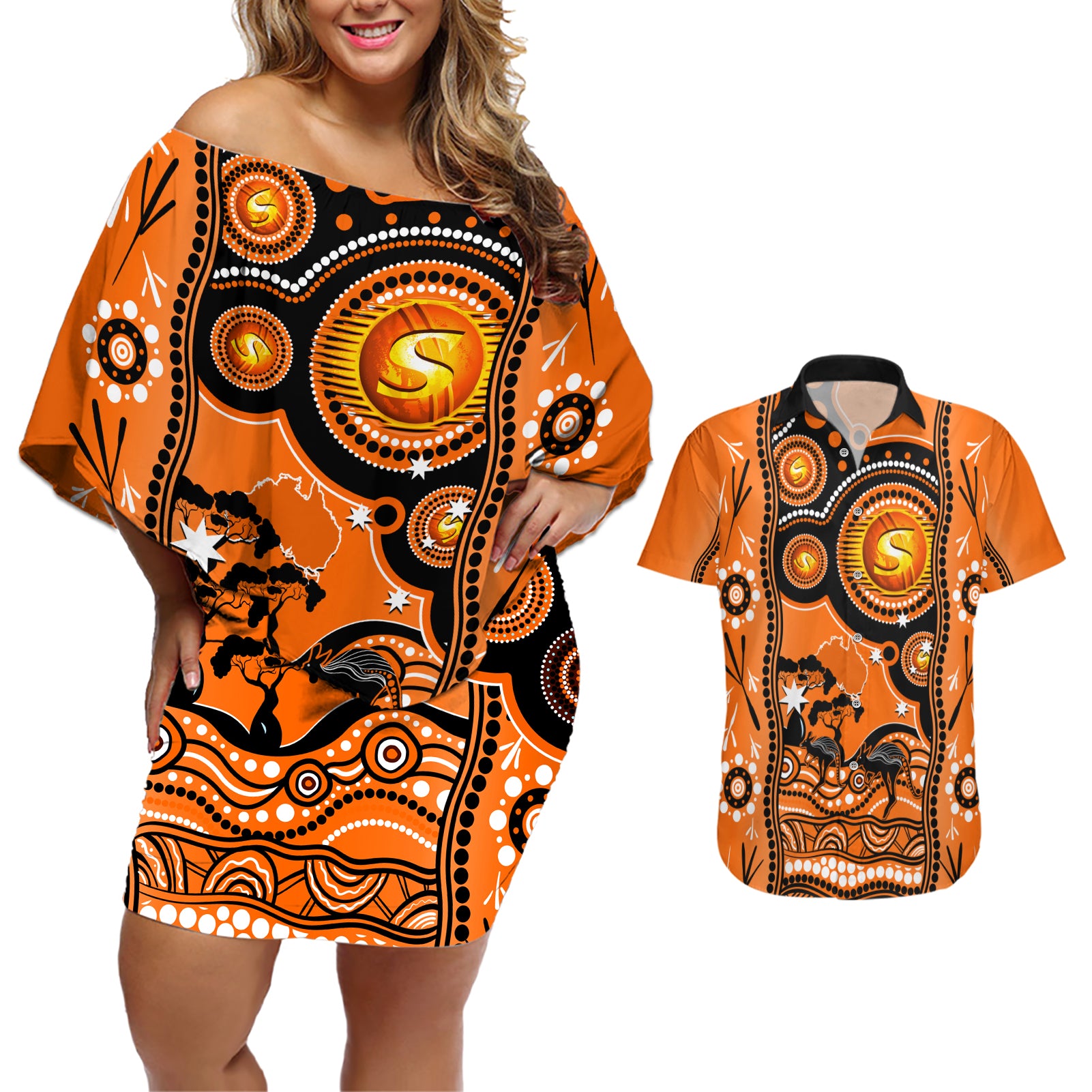 perth-scorchers-cricket-couples-matching-off-shoulder-short-dress-and-hawaiian-shirt-happy-australia-day-aboriginal-art