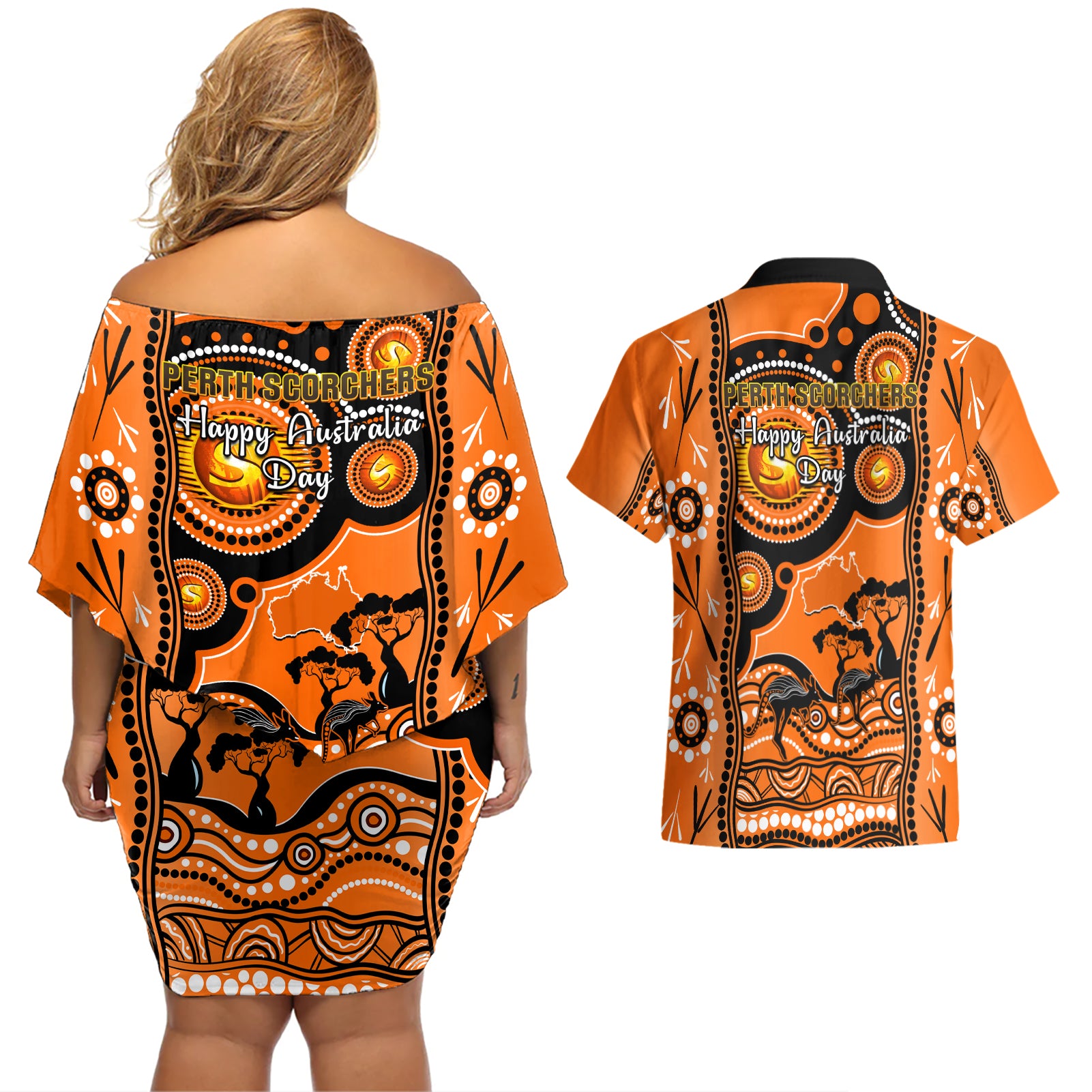 perth-scorchers-cricket-couples-matching-off-shoulder-short-dress-and-hawaiian-shirt-happy-australia-day-aboriginal-art