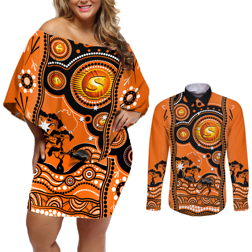 perth-scorchers-cricket-couples-matching-off-shoulder-short-dress-and-long-sleeve-button-shirt-happy-australia-day-aboriginal-art