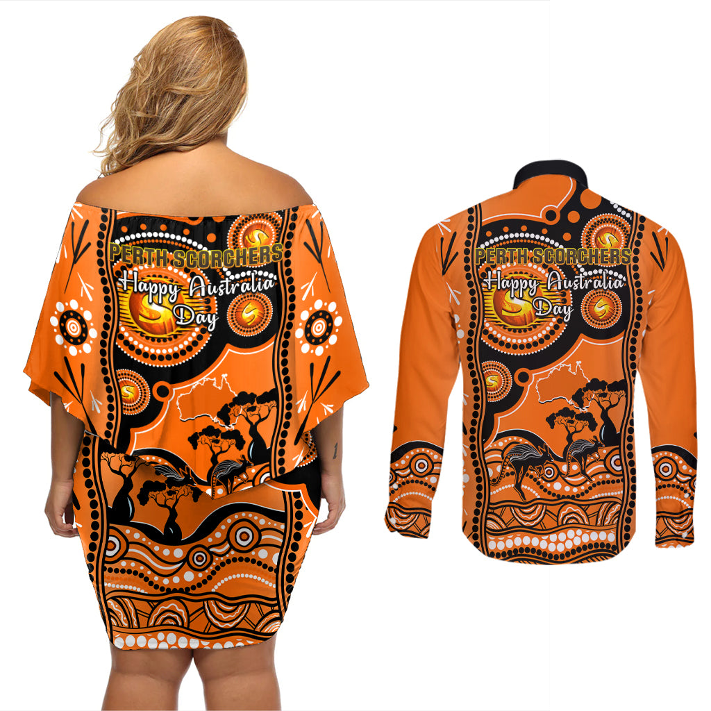 perth-scorchers-cricket-couples-matching-off-shoulder-short-dress-and-long-sleeve-button-shirt-happy-australia-day-aboriginal-art