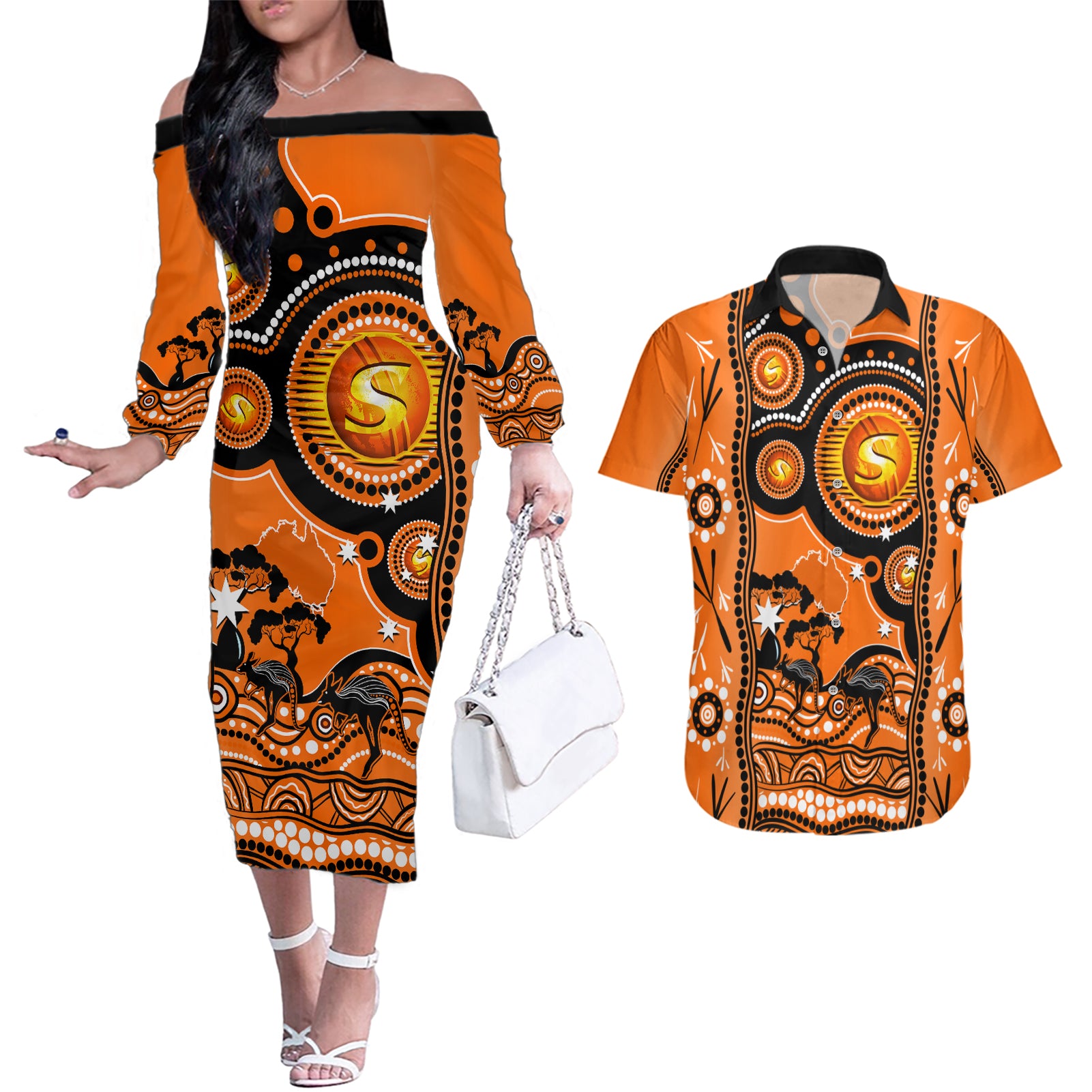 perth-scorchers-cricket-couples-matching-off-the-shoulder-long-sleeve-dress-and-hawaiian-shirt-happy-australia-day-aboriginal-art