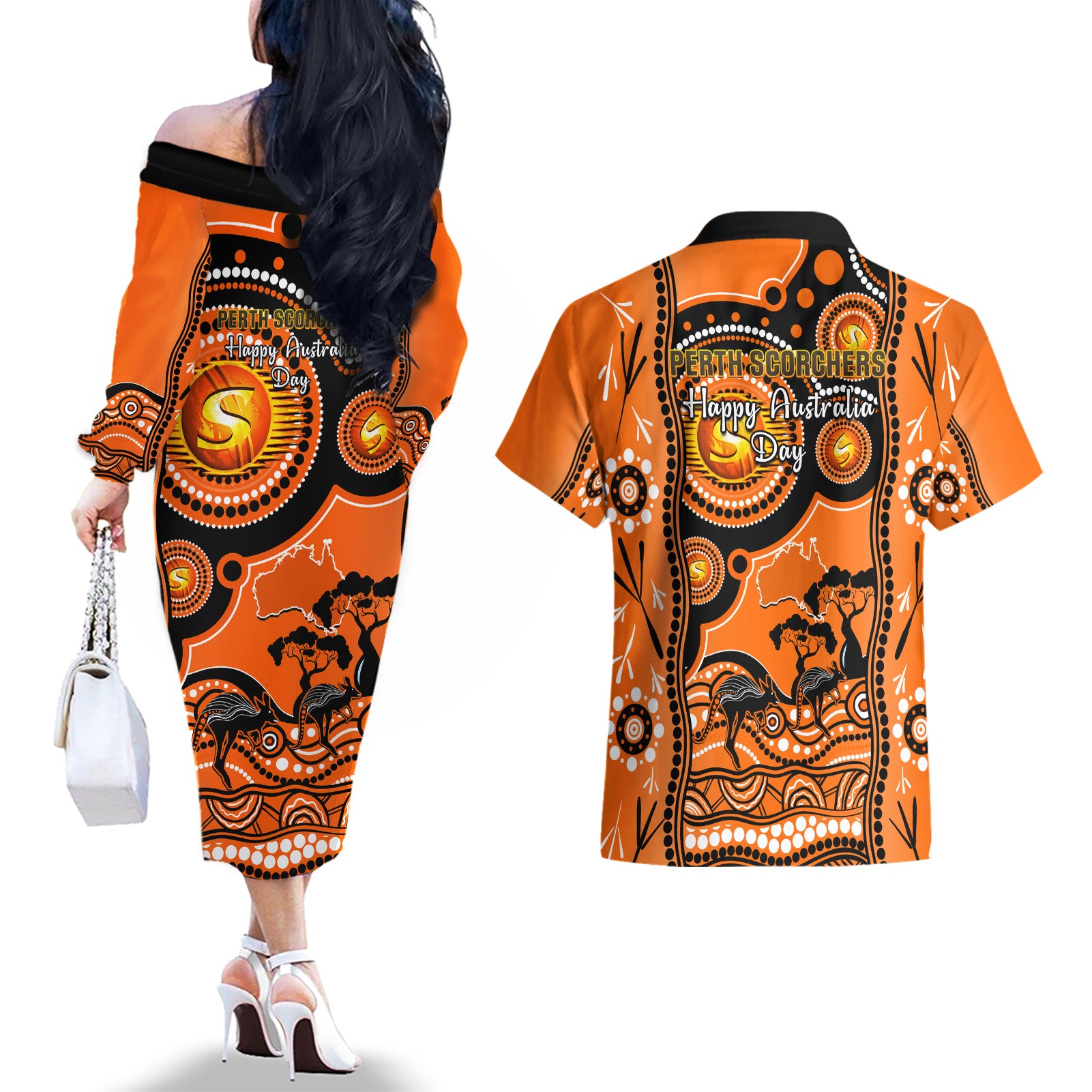 perth-scorchers-cricket-couples-matching-off-the-shoulder-long-sleeve-dress-and-hawaiian-shirt-happy-australia-day-aboriginal-art