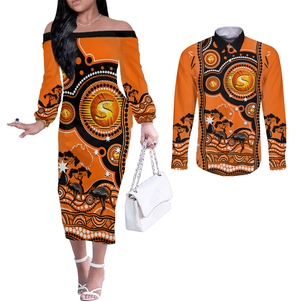 perth-scorchers-cricket-couples-matching-off-the-shoulder-long-sleeve-dress-and-long-sleeve-button-shirt-happy-australia-day-aboriginal-art