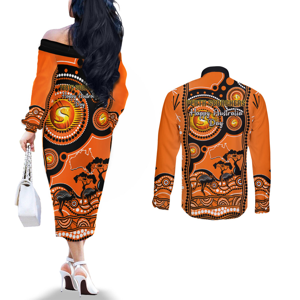 perth-scorchers-cricket-couples-matching-off-the-shoulder-long-sleeve-dress-and-long-sleeve-button-shirt-happy-australia-day-aboriginal-art