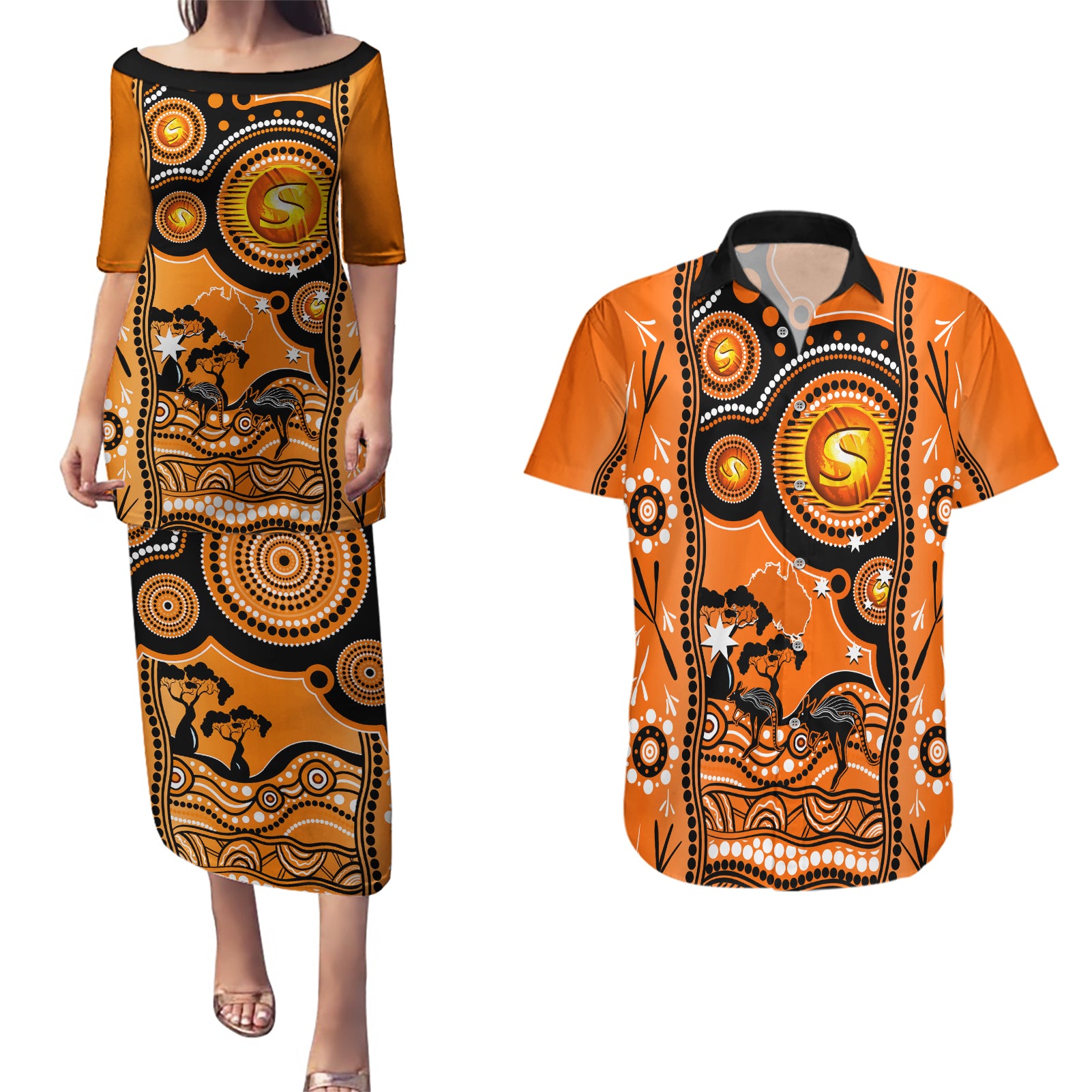 perth-scorchers-cricket-couples-matching-puletasi-dress-and-hawaiian-shirt-happy-australia-day-aboriginal-art