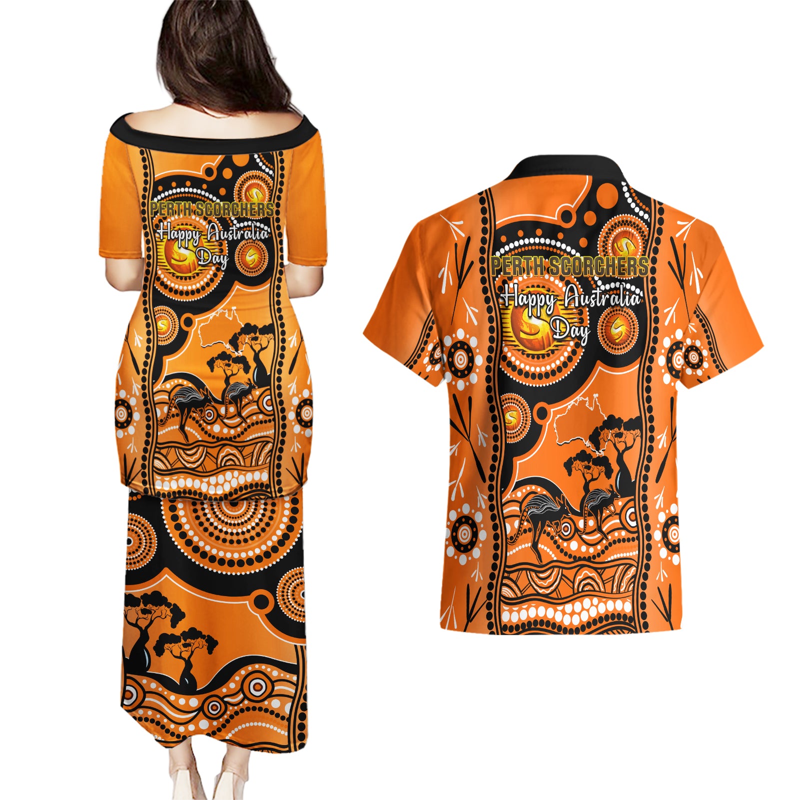 perth-scorchers-cricket-couples-matching-puletasi-dress-and-hawaiian-shirt-happy-australia-day-aboriginal-art