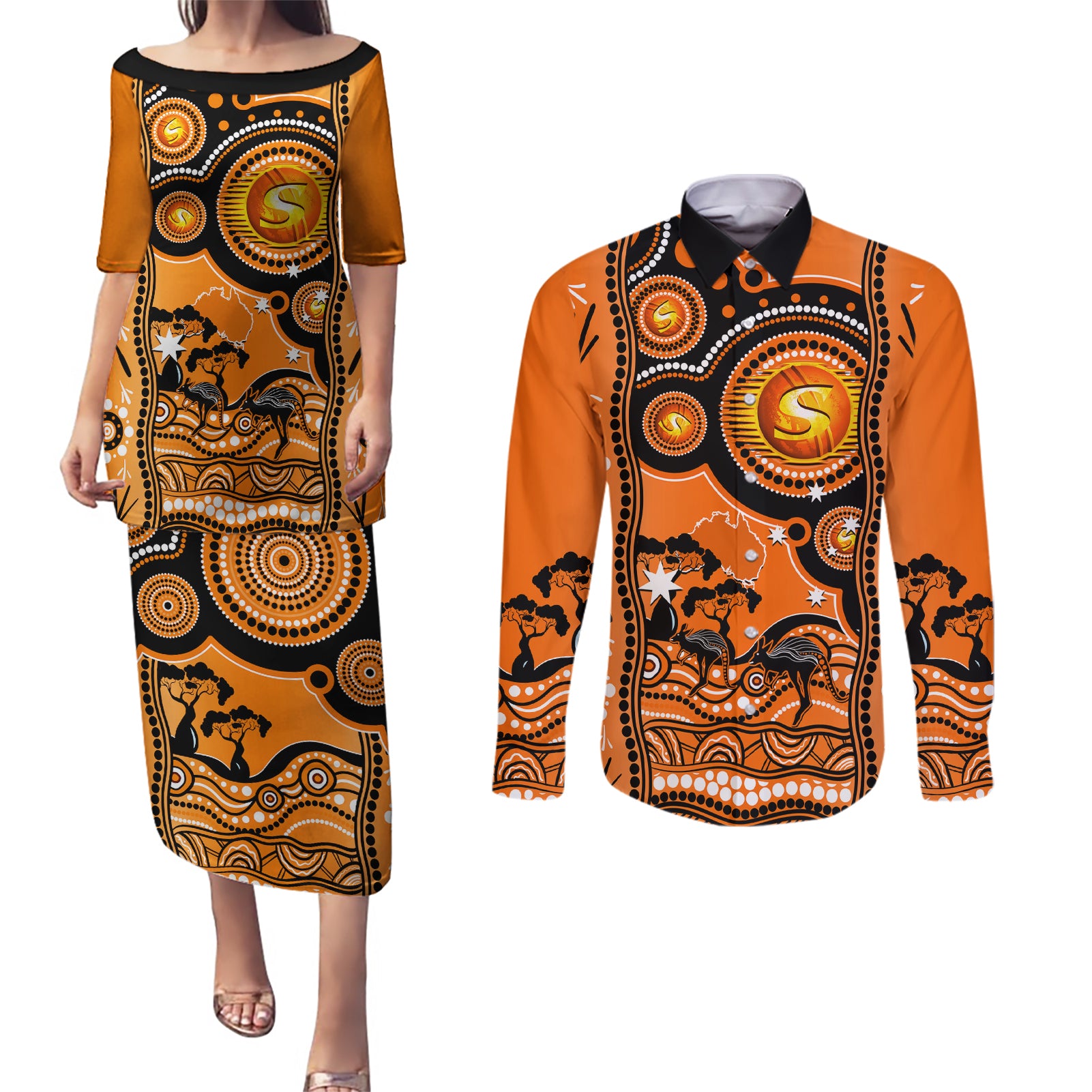 perth-scorchers-cricket-couples-matching-puletasi-dress-and-long-sleeve-button-shirt-happy-australia-day-aboriginal-art