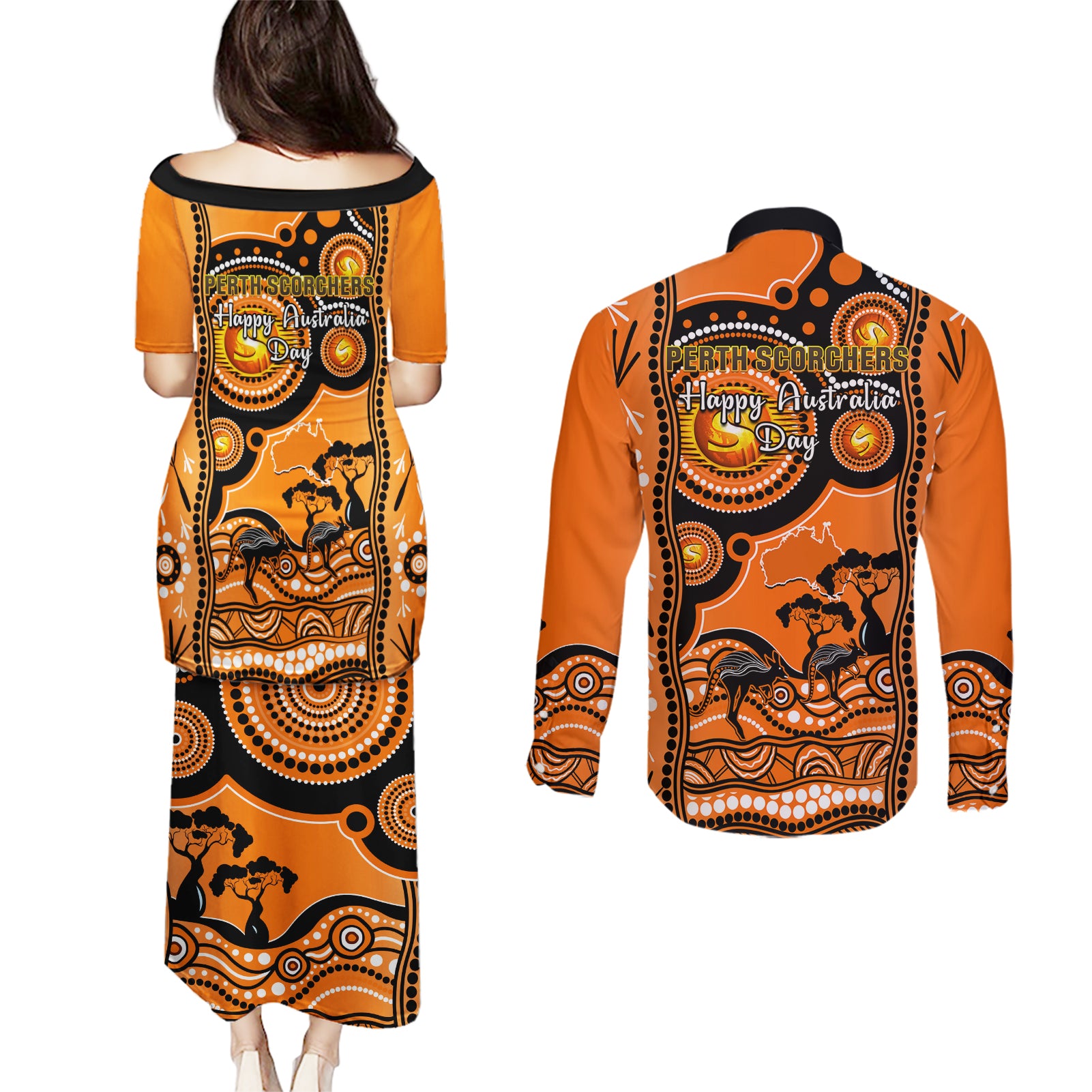 perth-scorchers-cricket-couples-matching-puletasi-dress-and-long-sleeve-button-shirt-happy-australia-day-aboriginal-art