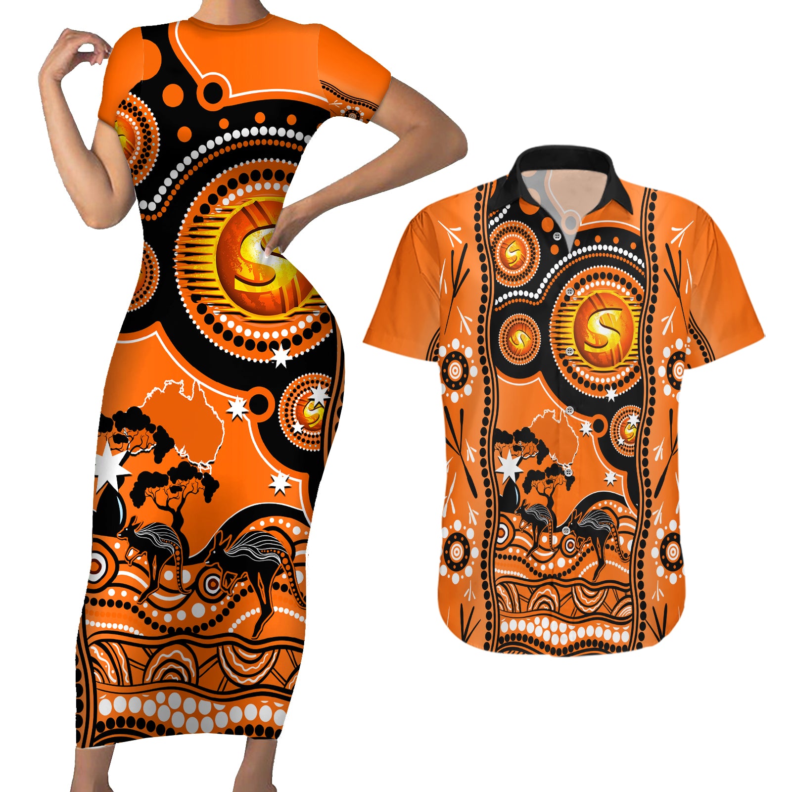 perth-scorchers-cricket-couples-matching-short-sleeve-bodycon-dress-and-hawaiian-shirt-happy-australia-day-aboriginal-art