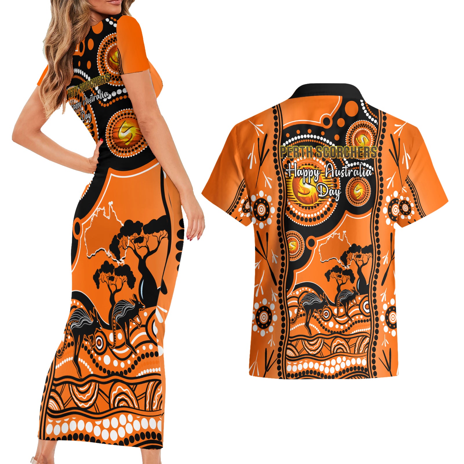 perth-scorchers-cricket-couples-matching-short-sleeve-bodycon-dress-and-hawaiian-shirt-happy-australia-day-aboriginal-art