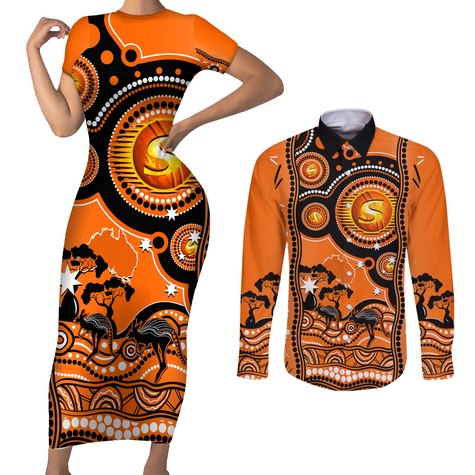 perth-scorchers-cricket-couples-matching-short-sleeve-bodycon-dress-and-long-sleeve-button-shirt-happy-australia-day-aboriginal-art