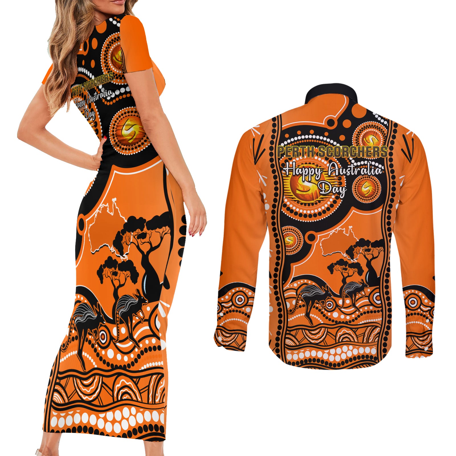 perth-scorchers-cricket-couples-matching-short-sleeve-bodycon-dress-and-long-sleeve-button-shirt-happy-australia-day-aboriginal-art