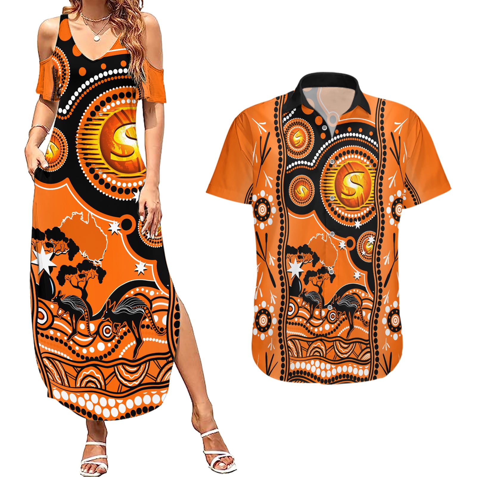 perth-scorchers-cricket-couples-matching-summer-maxi-dress-and-hawaiian-shirt-happy-australia-day-aboriginal-art