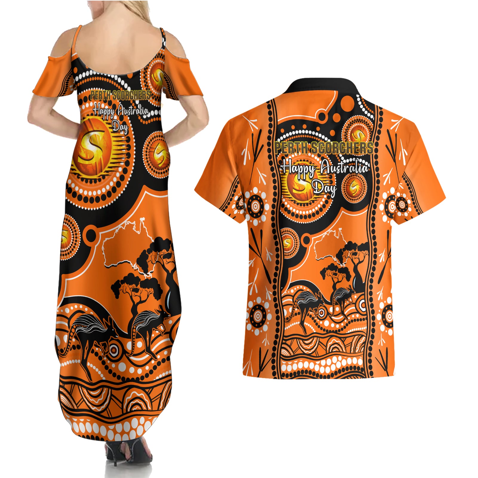 perth-scorchers-cricket-couples-matching-summer-maxi-dress-and-hawaiian-shirt-happy-australia-day-aboriginal-art