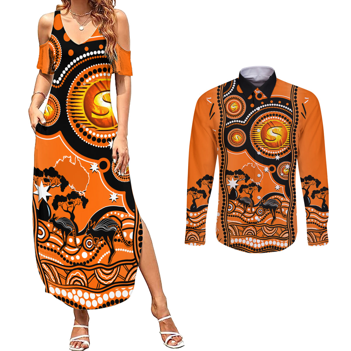 perth-scorchers-cricket-couples-matching-summer-maxi-dress-and-long-sleeve-button-shirt-happy-australia-day-aboriginal-art