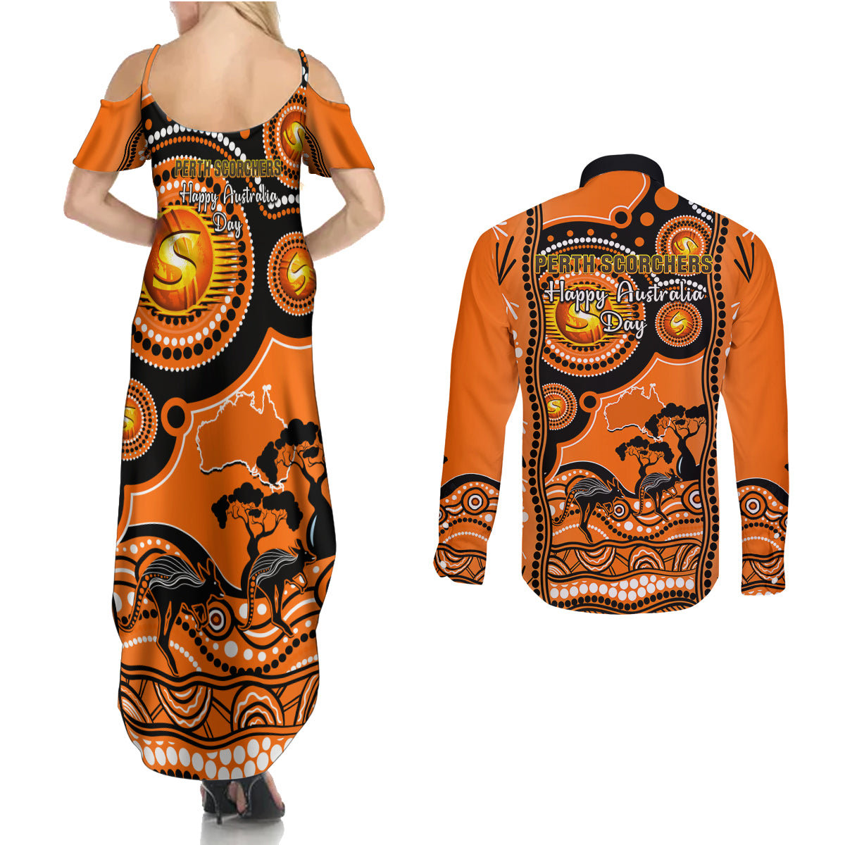 perth-scorchers-cricket-couples-matching-summer-maxi-dress-and-long-sleeve-button-shirt-happy-australia-day-aboriginal-art