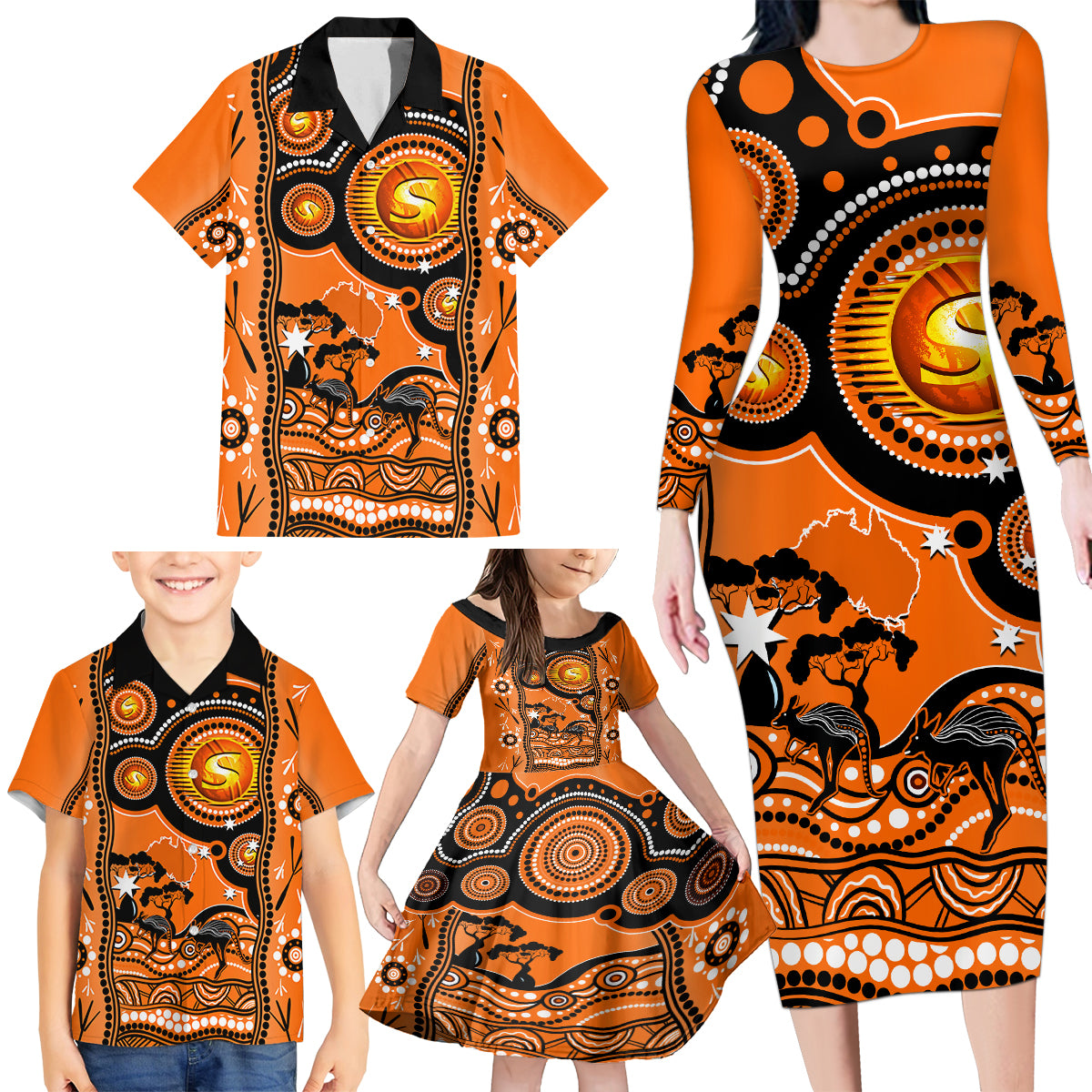 perth-scorchers-cricket-family-matching-long-sleeve-bodycon-dress-and-hawaiian-shirt-happy-australia-day-aboriginal-art