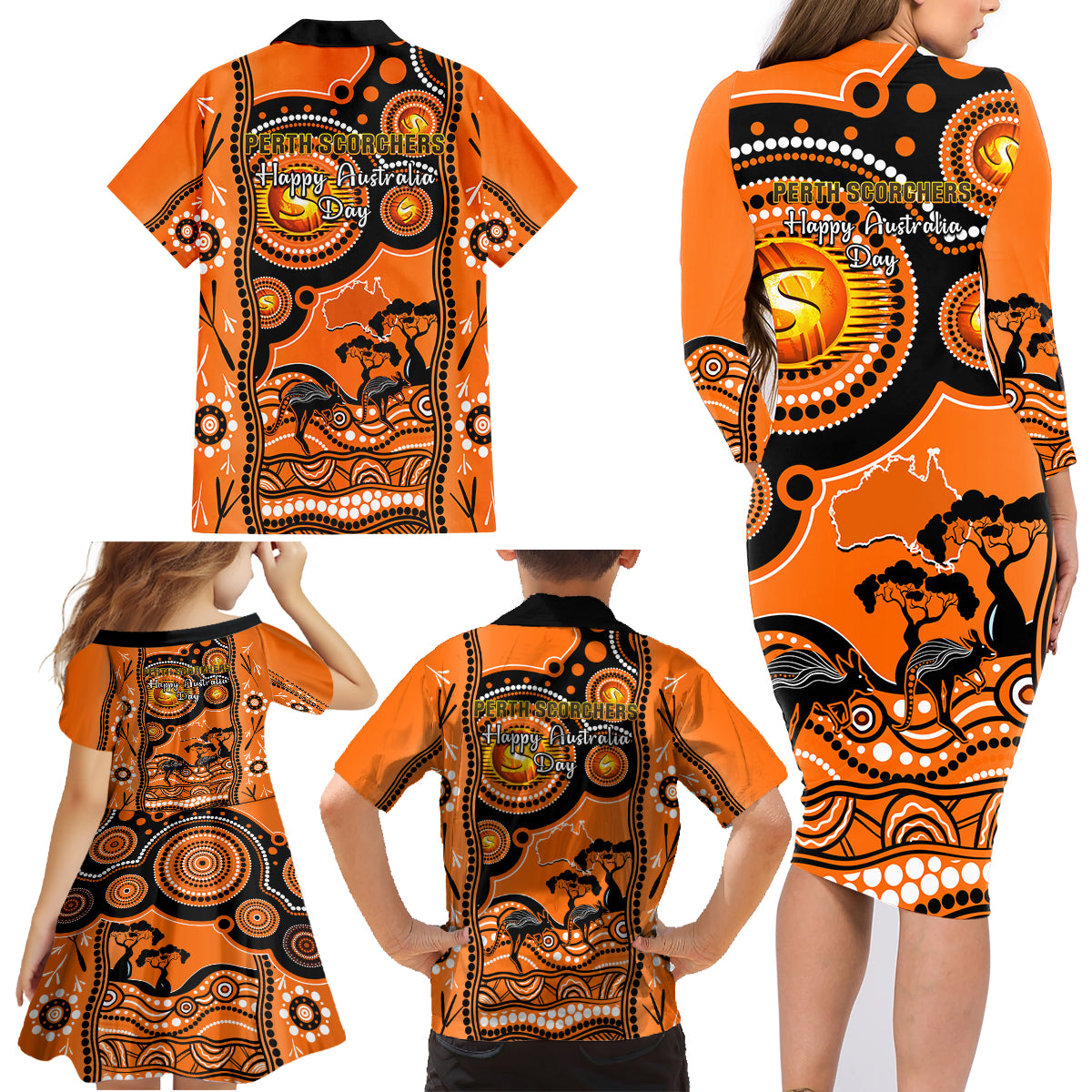 perth-scorchers-cricket-family-matching-long-sleeve-bodycon-dress-and-hawaiian-shirt-happy-australia-day-aboriginal-art