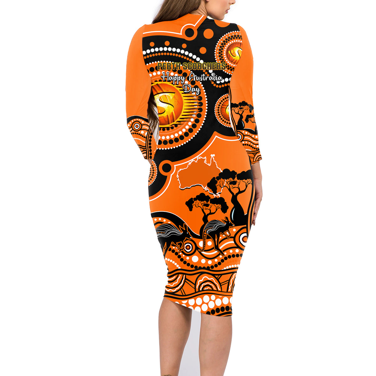 perth-scorchers-cricket-family-matching-long-sleeve-bodycon-dress-and-hawaiian-shirt-happy-australia-day-aboriginal-art