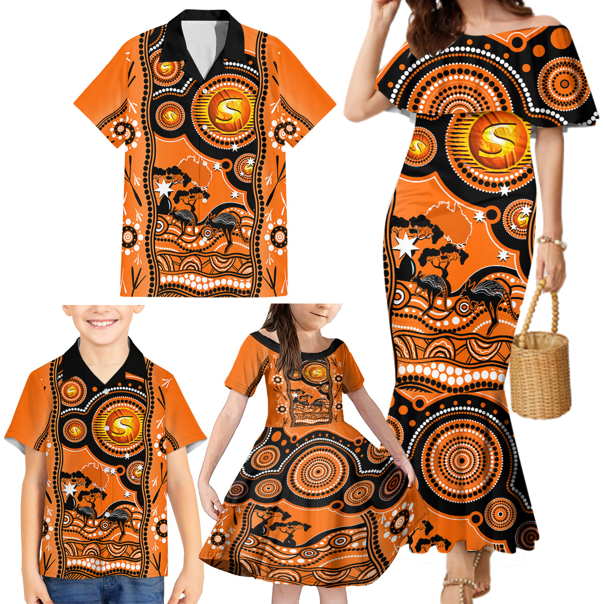 perth-scorchers-cricket-family-matching-mermaid-dress-and-hawaiian-shirt-happy-australia-day-aboriginal-art