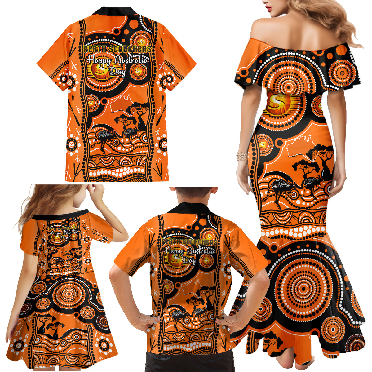 perth-scorchers-cricket-family-matching-mermaid-dress-and-hawaiian-shirt-happy-australia-day-aboriginal-art