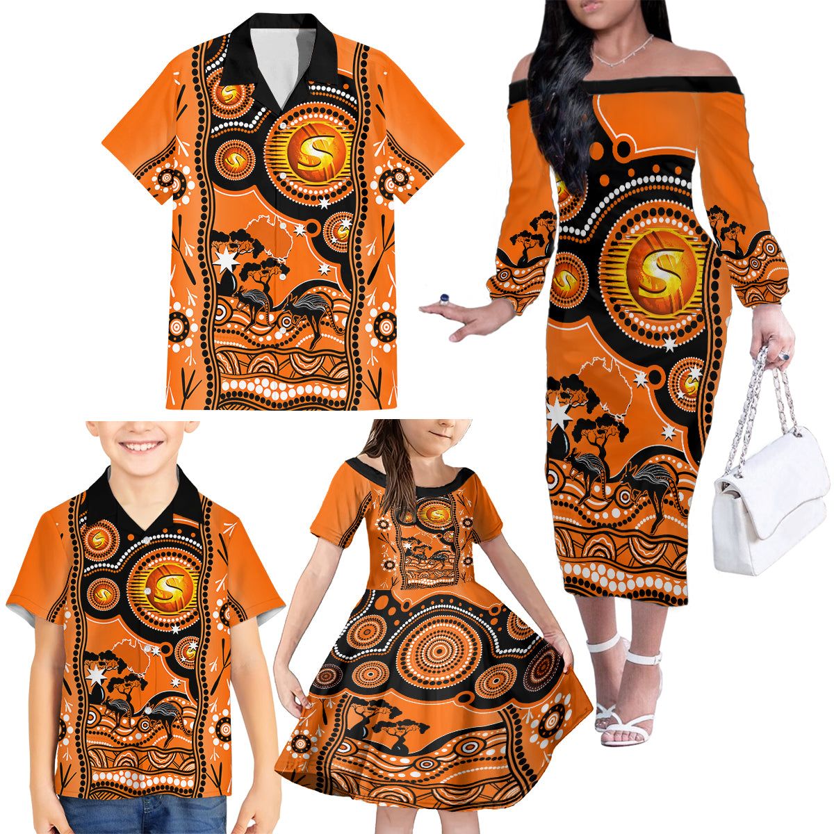 perth-scorchers-cricket-family-matching-off-shoulder-long-sleeve-dress-and-hawaiian-shirt-happy-australia-day-aboriginal-art