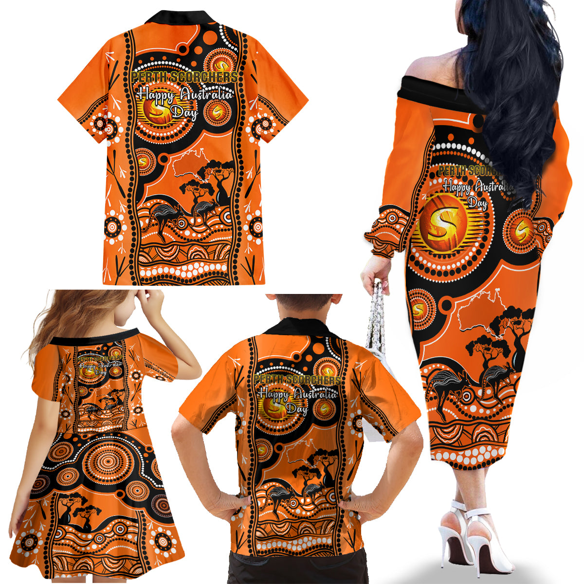 perth-scorchers-cricket-family-matching-off-shoulder-long-sleeve-dress-and-hawaiian-shirt-happy-australia-day-aboriginal-art