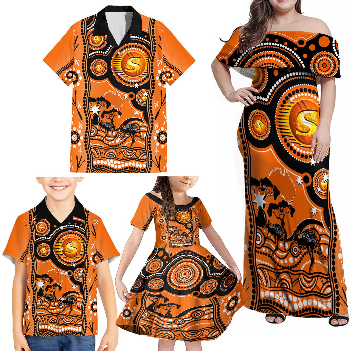 perth-scorchers-cricket-family-matching-off-shoulder-maxi-dress-and-hawaiian-shirt-happy-australia-day-aboriginal-art