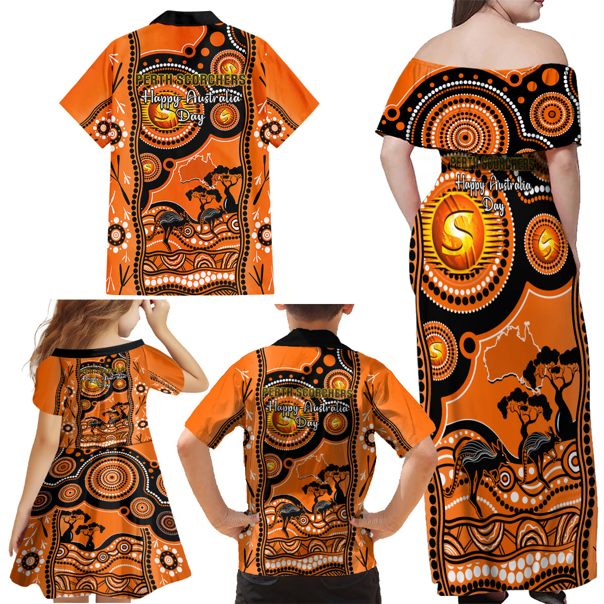 perth-scorchers-cricket-family-matching-off-shoulder-maxi-dress-and-hawaiian-shirt-happy-australia-day-aboriginal-art