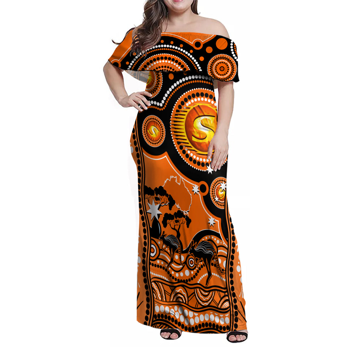 perth-scorchers-cricket-family-matching-off-shoulder-maxi-dress-and-hawaiian-shirt-happy-australia-day-aboriginal-art