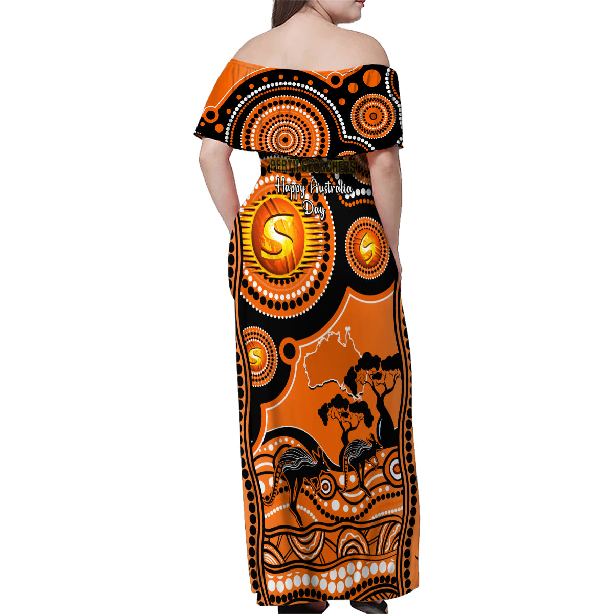 perth-scorchers-cricket-family-matching-off-shoulder-maxi-dress-and-hawaiian-shirt-happy-australia-day-aboriginal-art