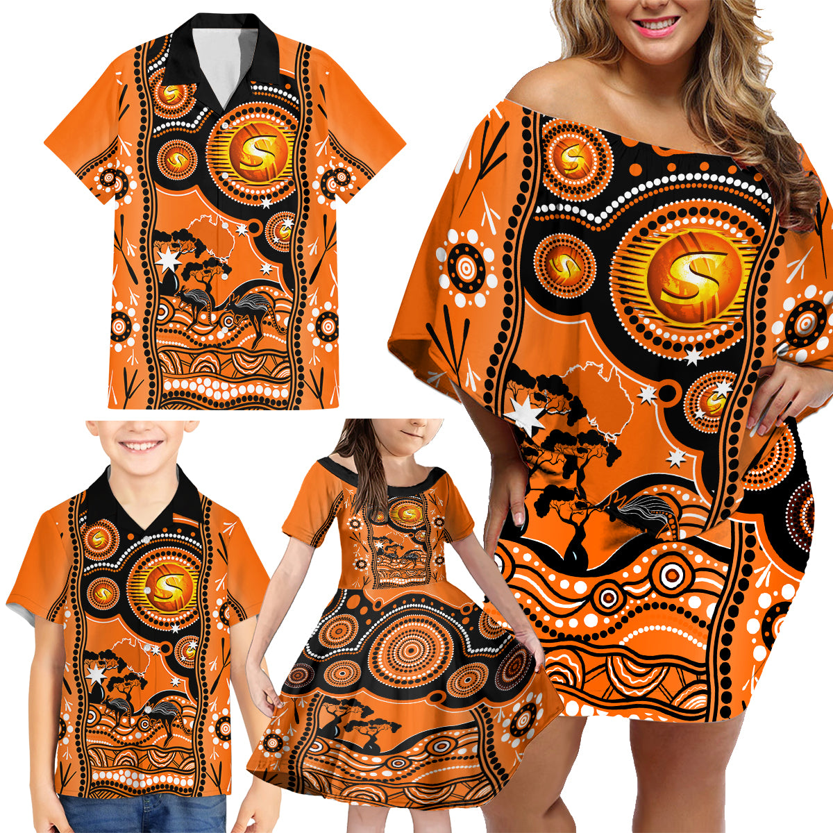 perth-scorchers-cricket-family-matching-off-shoulder-short-dress-and-hawaiian-shirt-happy-australia-day-aboriginal-art