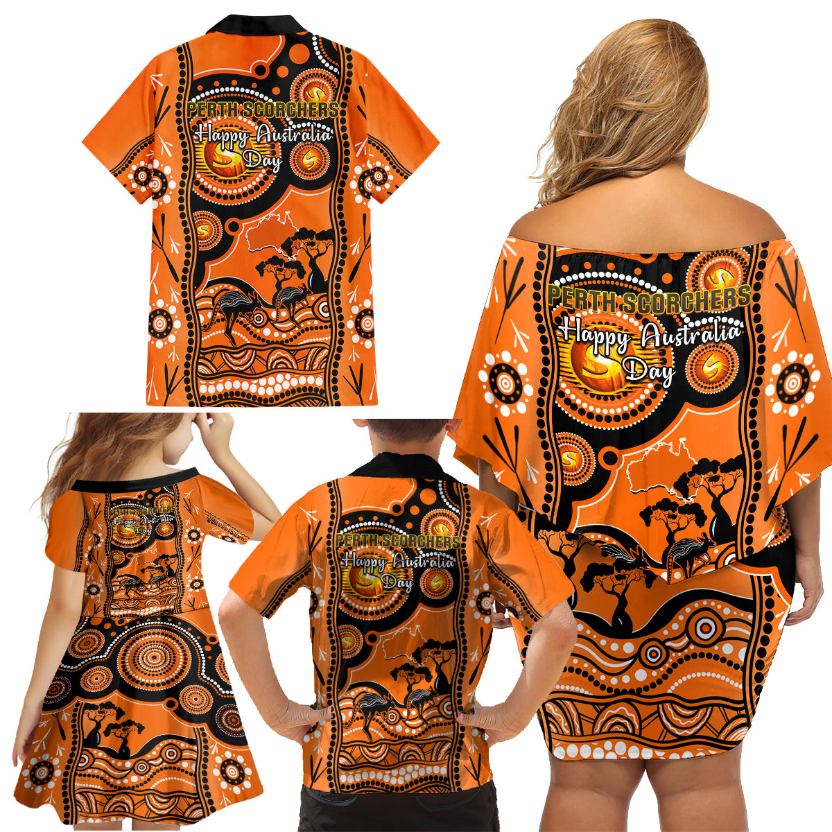 perth-scorchers-cricket-family-matching-off-shoulder-short-dress-and-hawaiian-shirt-happy-australia-day-aboriginal-art