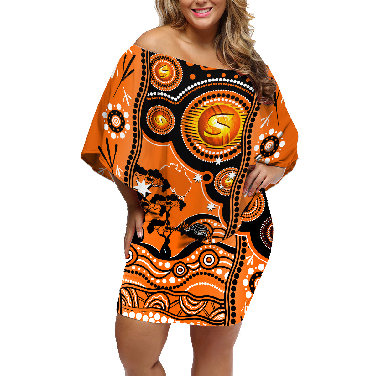 perth-scorchers-cricket-family-matching-off-shoulder-short-dress-and-hawaiian-shirt-happy-australia-day-aboriginal-art