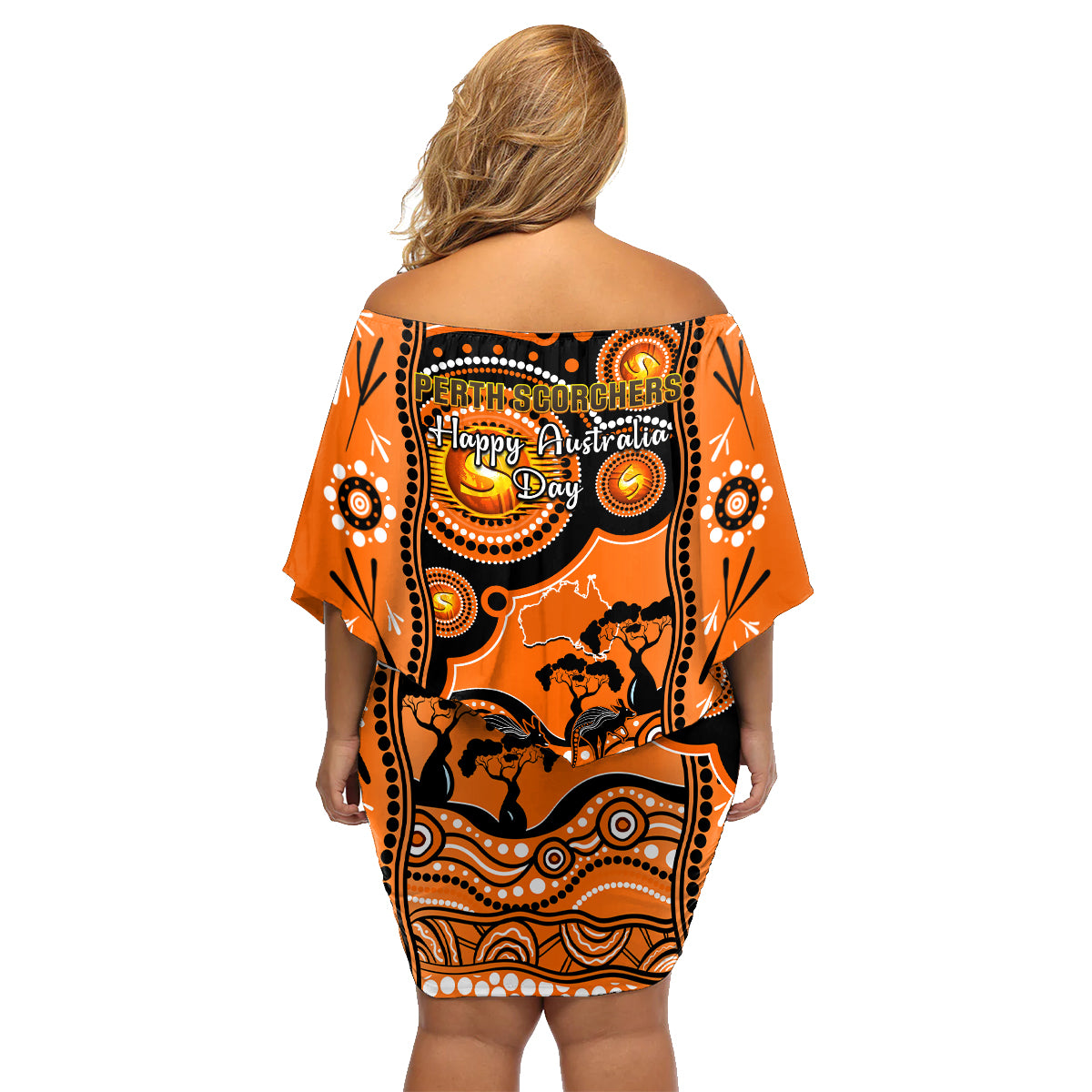 perth-scorchers-cricket-family-matching-off-shoulder-short-dress-and-hawaiian-shirt-happy-australia-day-aboriginal-art