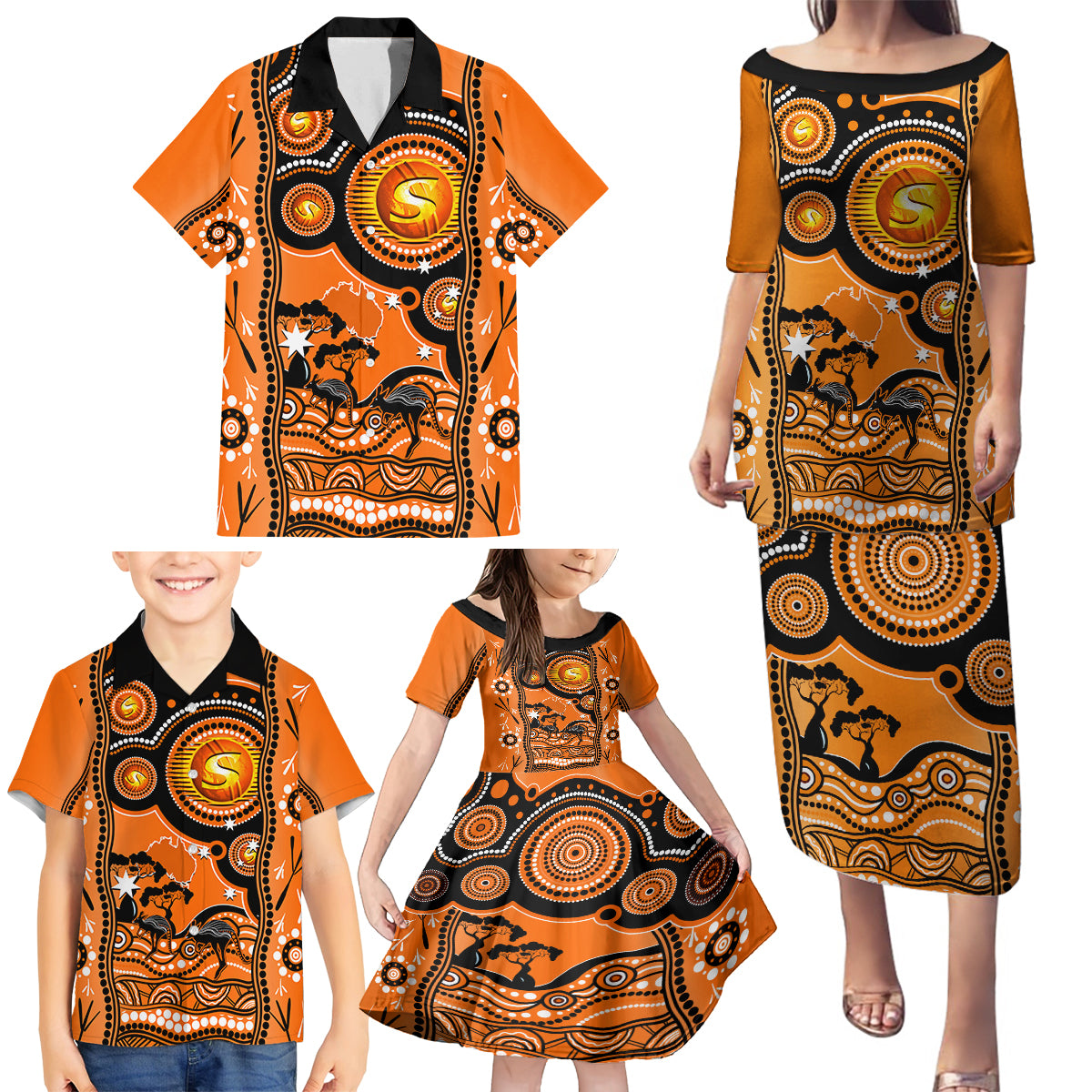 perth-scorchers-cricket-family-matching-puletasi-dress-and-hawaiian-shirt-happy-australia-day-aboriginal-art