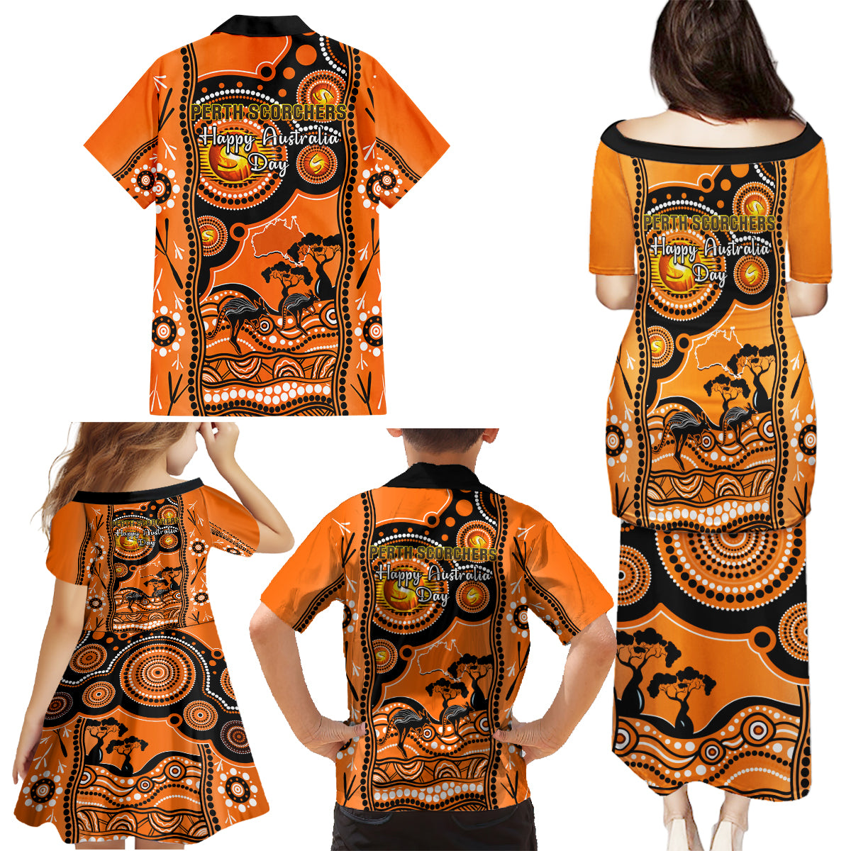 perth-scorchers-cricket-family-matching-puletasi-dress-and-hawaiian-shirt-happy-australia-day-aboriginal-art