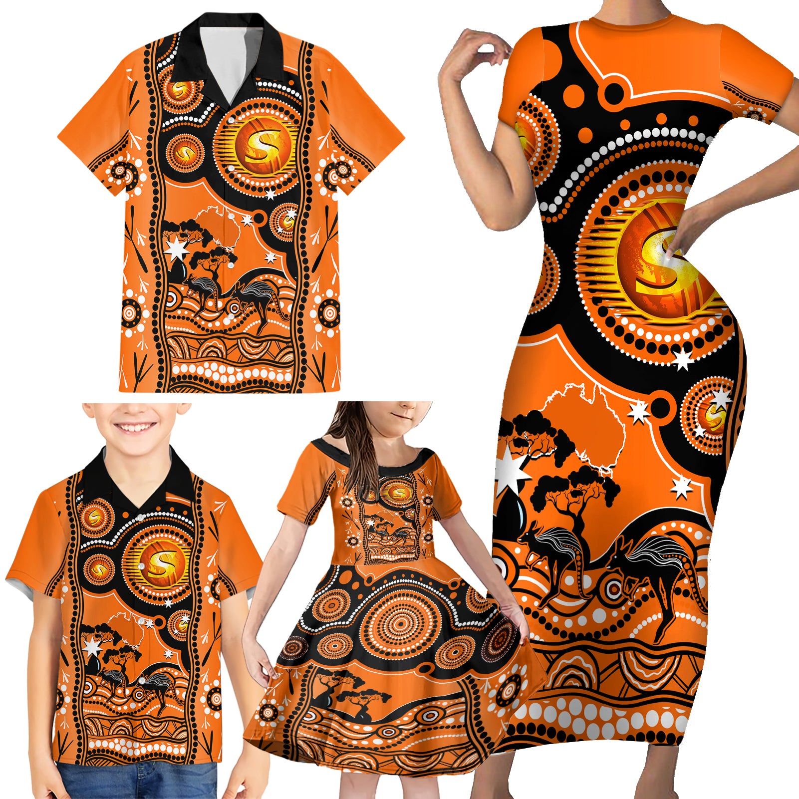 perth-scorchers-cricket-family-matching-short-sleeve-bodycon-dress-and-hawaiian-shirt-happy-australia-day-aboriginal-art