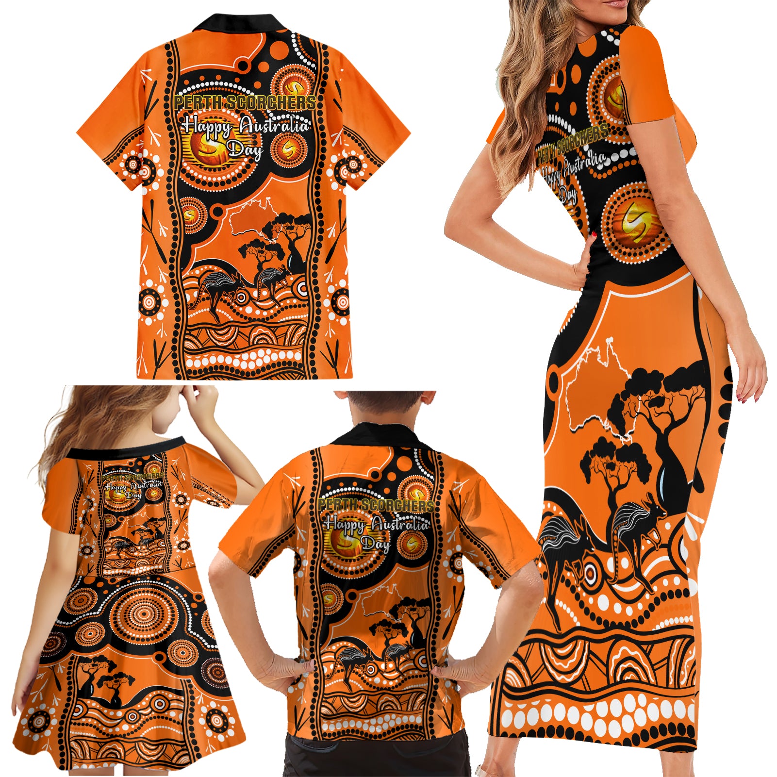 perth-scorchers-cricket-family-matching-short-sleeve-bodycon-dress-and-hawaiian-shirt-happy-australia-day-aboriginal-art