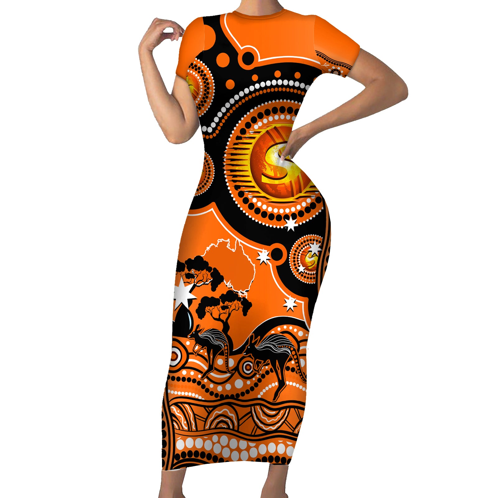 perth-scorchers-cricket-family-matching-short-sleeve-bodycon-dress-and-hawaiian-shirt-happy-australia-day-aboriginal-art