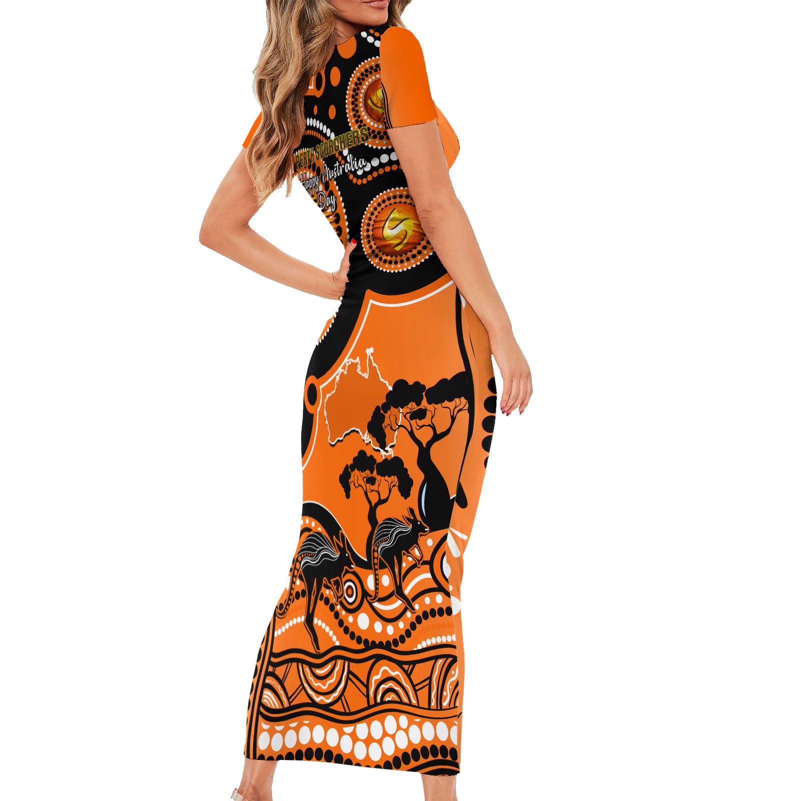 perth-scorchers-cricket-family-matching-short-sleeve-bodycon-dress-and-hawaiian-shirt-happy-australia-day-aboriginal-art