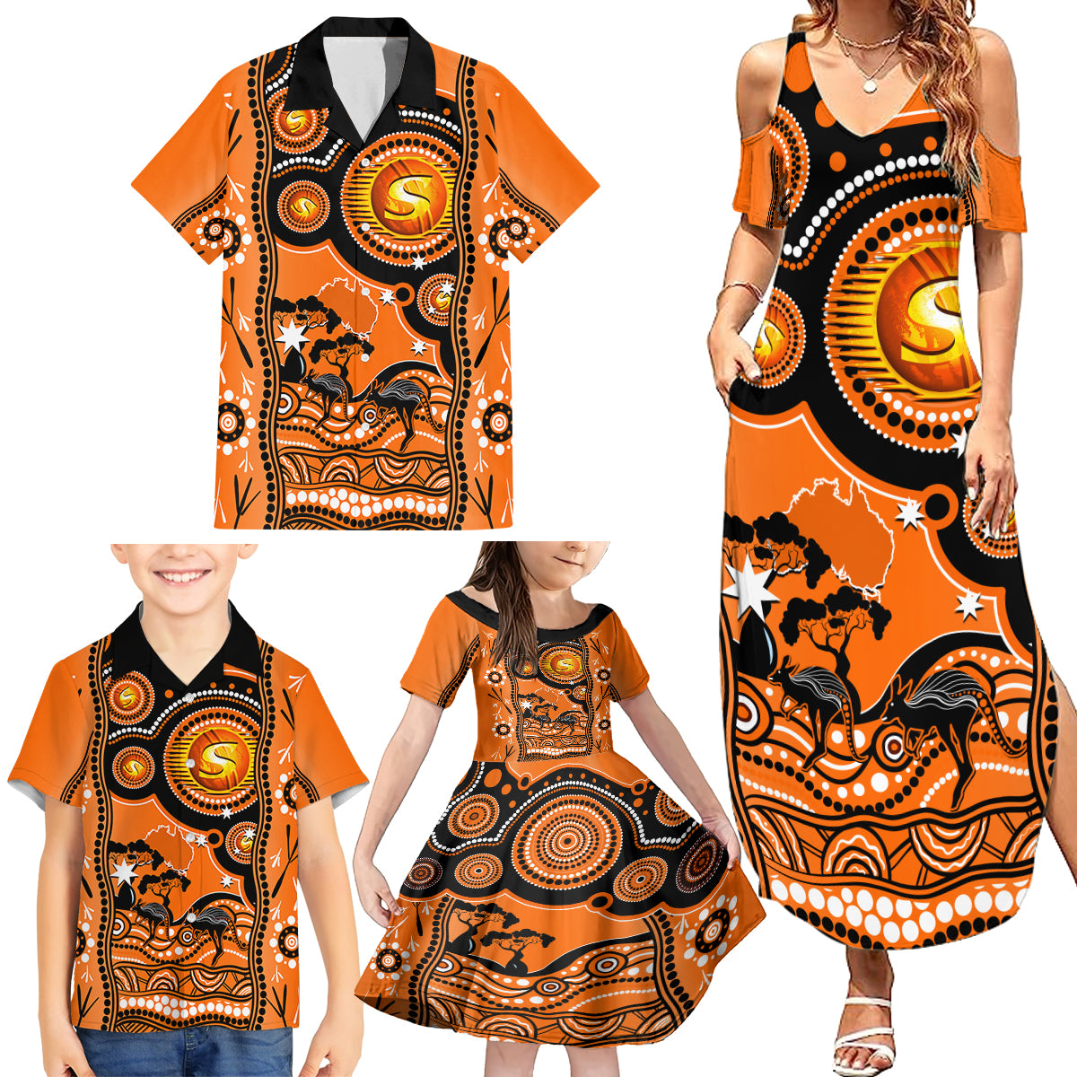 perth-scorchers-cricket-family-matching-summer-maxi-dress-and-hawaiian-shirt-happy-australia-day-aboriginal-art