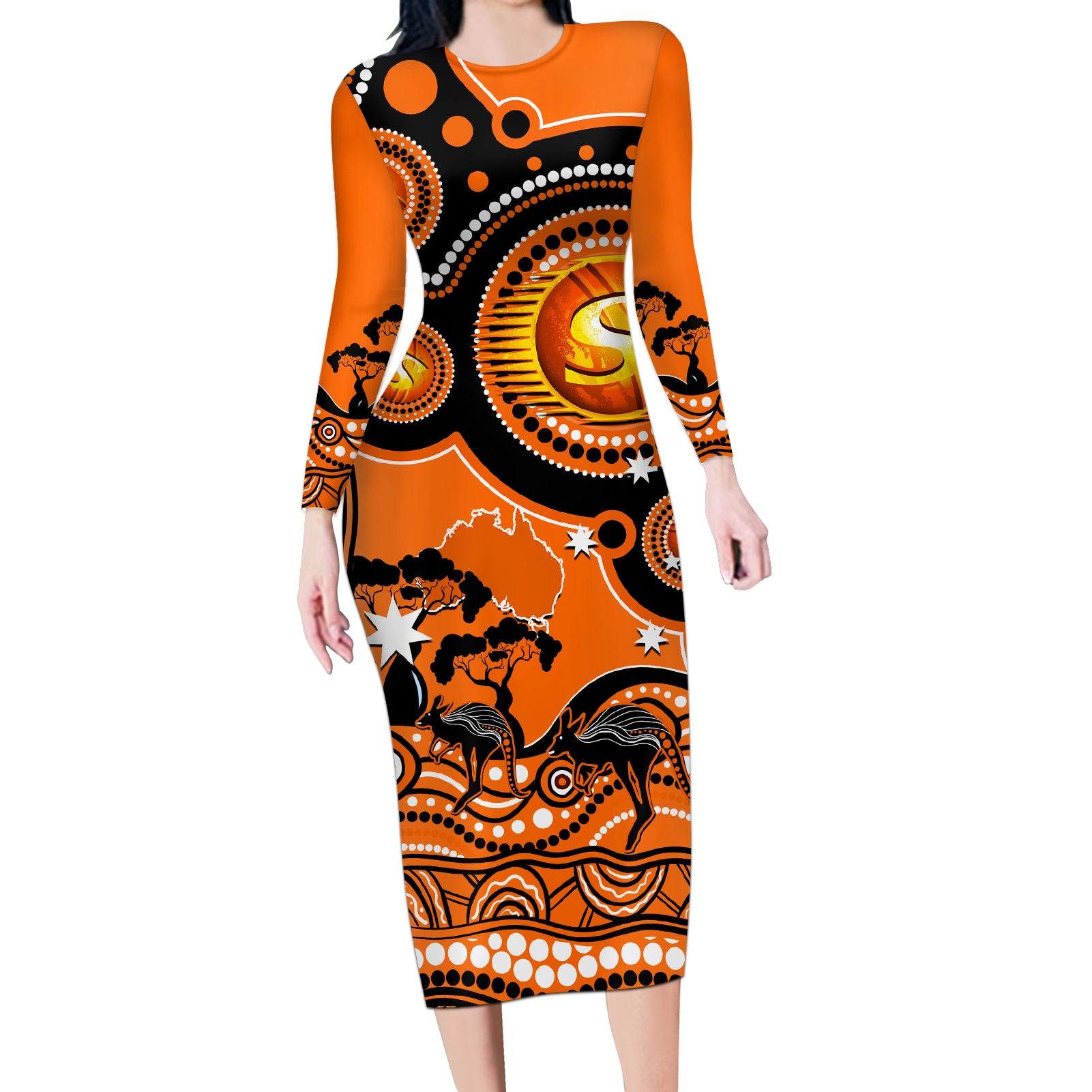 perth-scorchers-cricket-long-sleeve-bodycon-dress-happy-australia-day-aboriginal-art