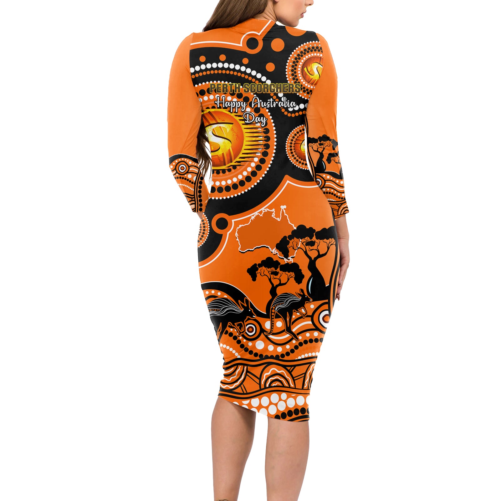 perth-scorchers-cricket-long-sleeve-bodycon-dress-happy-australia-day-aboriginal-art