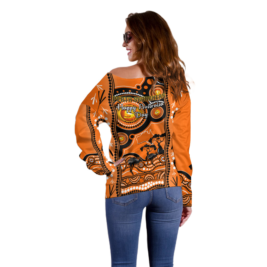 Perth Scorchers Cricket Off Shoulder Sweater Happy Australia Day Aboriginal Art - Vibe Hoodie Shop