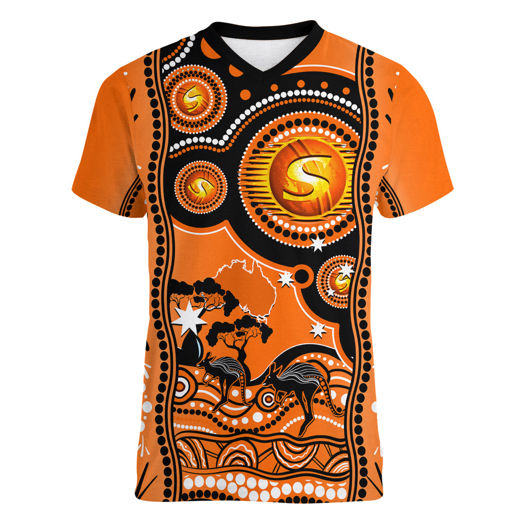 Perth Scorchers Cricket Women V Neck T Shirt Happy Australia Day Aboriginal Art - Vibe Hoodie Shop