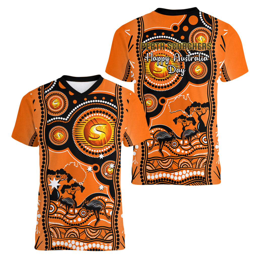 Perth Scorchers Cricket Women V Neck T Shirt Happy Australia Day Aboriginal Art - Vibe Hoodie Shop