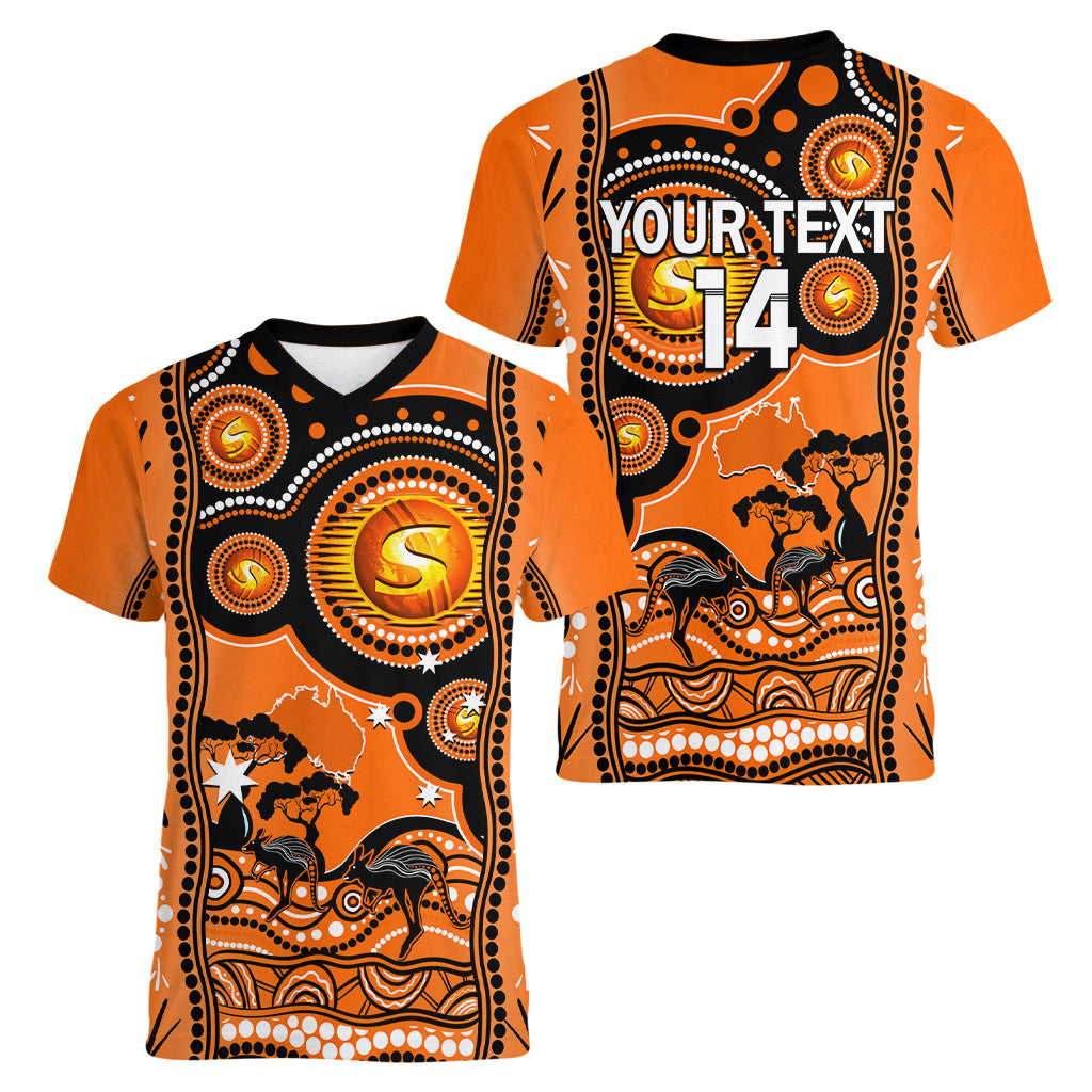 Custom Perth Scorchers Cricket Women V Neck T Shirt Happy Australia Day Aboriginal Art - Vibe Hoodie Shop